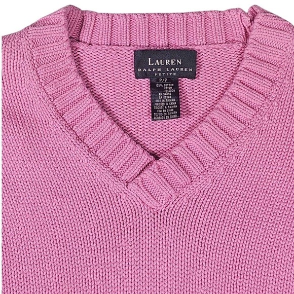 Lauren Ralph Lauren Cotton Knit V-Neck Sweater Pink Petite Size P/P - Picture 4 of 9